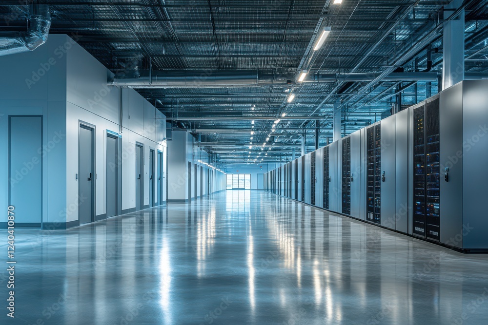 Poster a modern, well-lit data center corridor featuring rows of server racks and smooth polished floors, c