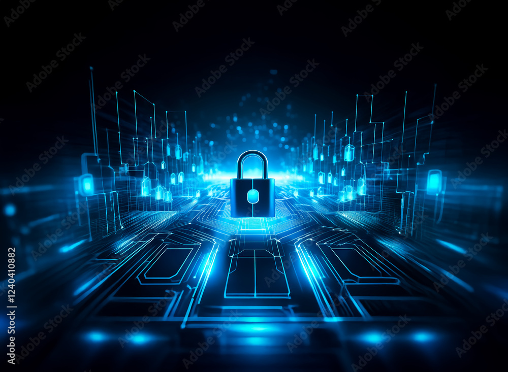 Aufkleber A glowing blue digital padlock sits at the center of a circuit board, surrounded by data streams and security icons, symbolizing cybersecurity and data protection.