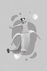 Collage photo of youngster teenage girl wear yellow dress raise hands up celebrate healthy...