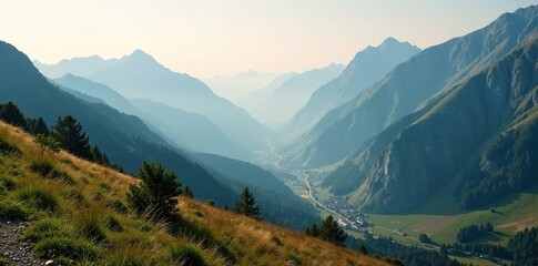Misty morning in the French Pyrenees mountains, morning, valleys, atmospheric