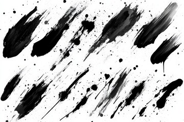 Black paint splashes create an abstract art pattern on a white background in an artistic setting