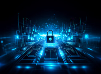 A glowing blue digital padlock sits at the center of a circuit board, surrounded by data streams and security icons, symbolizing cybersecurity and data protection.