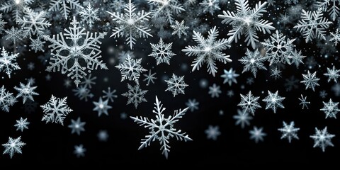 Delicate snowflakes gently fall on a black background, creating a serene and peaceful atmosphere , frosty, backdrop,  frosty, backdrop