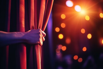 Dramatic Stage Scene with a Hand Pulling Back a Curtain to Reveal Bright Lighting and a Blurred Audience in the Background
