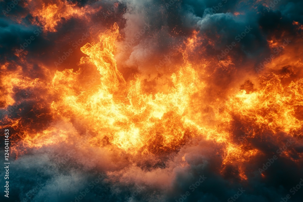 Poster dynamic display of flames and smoke billowing dramatically against a moody sky at dusk