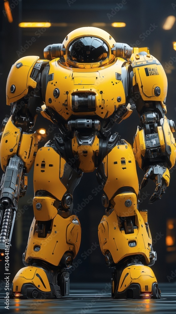 Poster striking image of a battle mech in sleek yellow armor equipped with an intimidating multibarreled ca