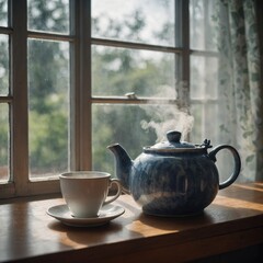 A soft-focus watercolor of a teapot steaming on a windowsill.