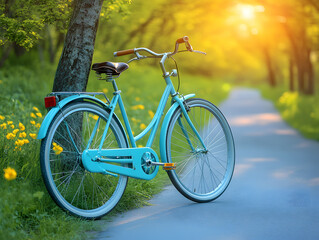 Fototapeta premium Bicycle Resting Against a Tree on a Sunny Path Surrounded by Greenery