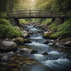 A poetic watercolor of a tiny bridge crossing a trickling stream.