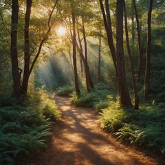 A delicate watercolor of a winding forest path, dappled with golden sunlight.