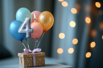 Colorful balloons and a gift box celebrate a child's fourth birthday in a cozy indoor setting with soft lighting