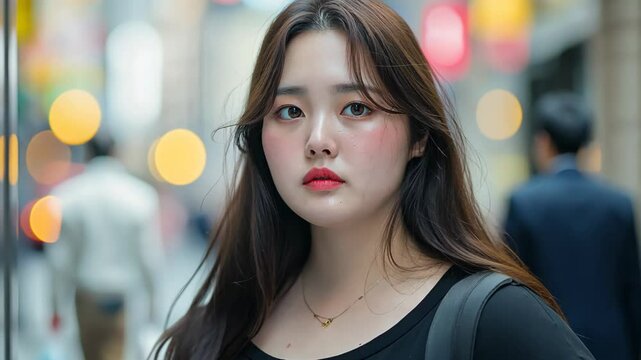 overweight fat Asian woman worry face expression standing at bustling city street 