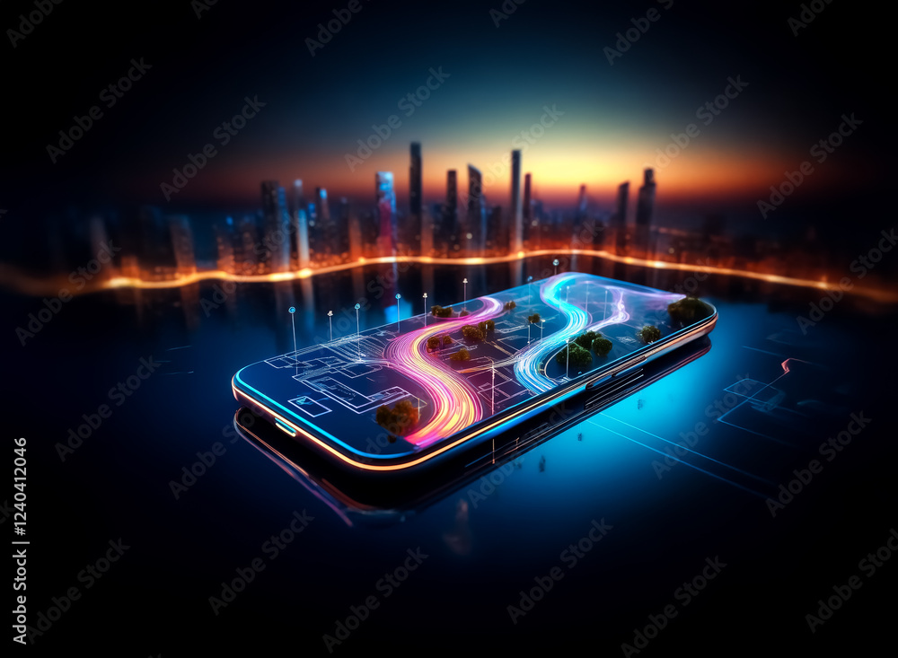 Aufkleber a futuristic city skyline reflected on a smartphone displaying dynamic, glowing pathways. the image 