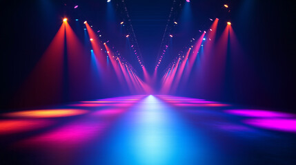 Vibrant stage with colorful spotlights in an empty event hall