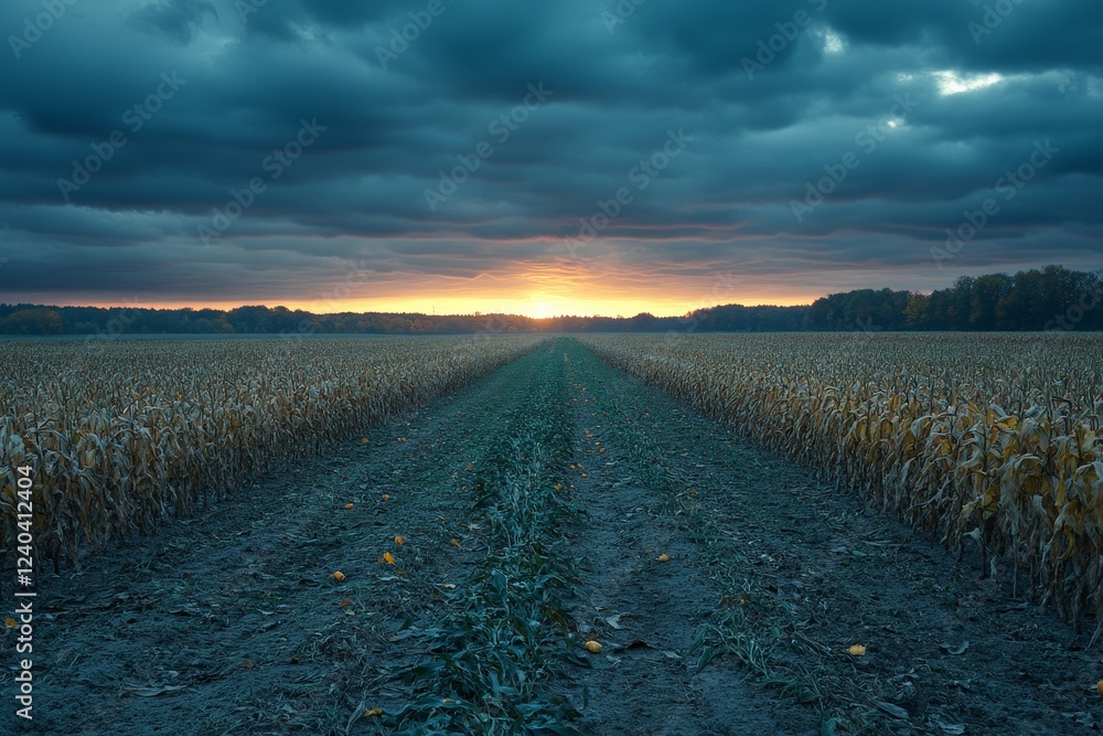 Poster sunset over cornfield with dramatic clouds and a serene landscape in a rural setting