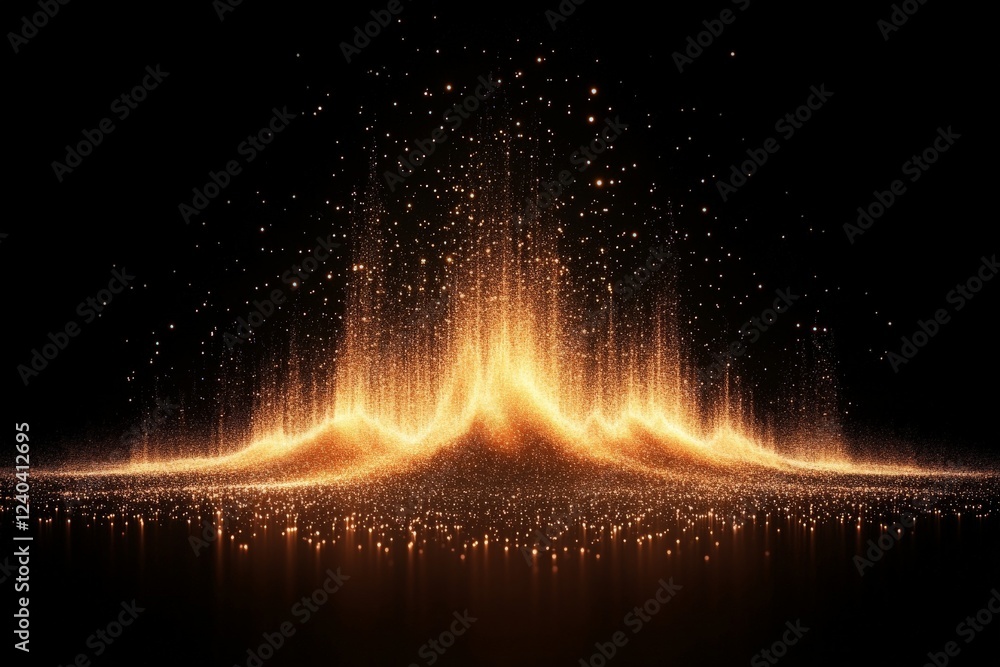 Poster Dynamic golden wave of light particles emanating from a dark background creating an energetic abstract display