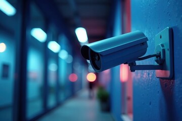 Close-up of security camera on blue wall Modern surveillance technology , guard, image