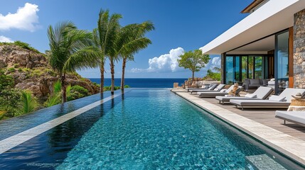 Fototapeta premium A stunning luxury villa with an infinity pool overlooking the ocean, surrounded by palm trees and a clear blue sky.