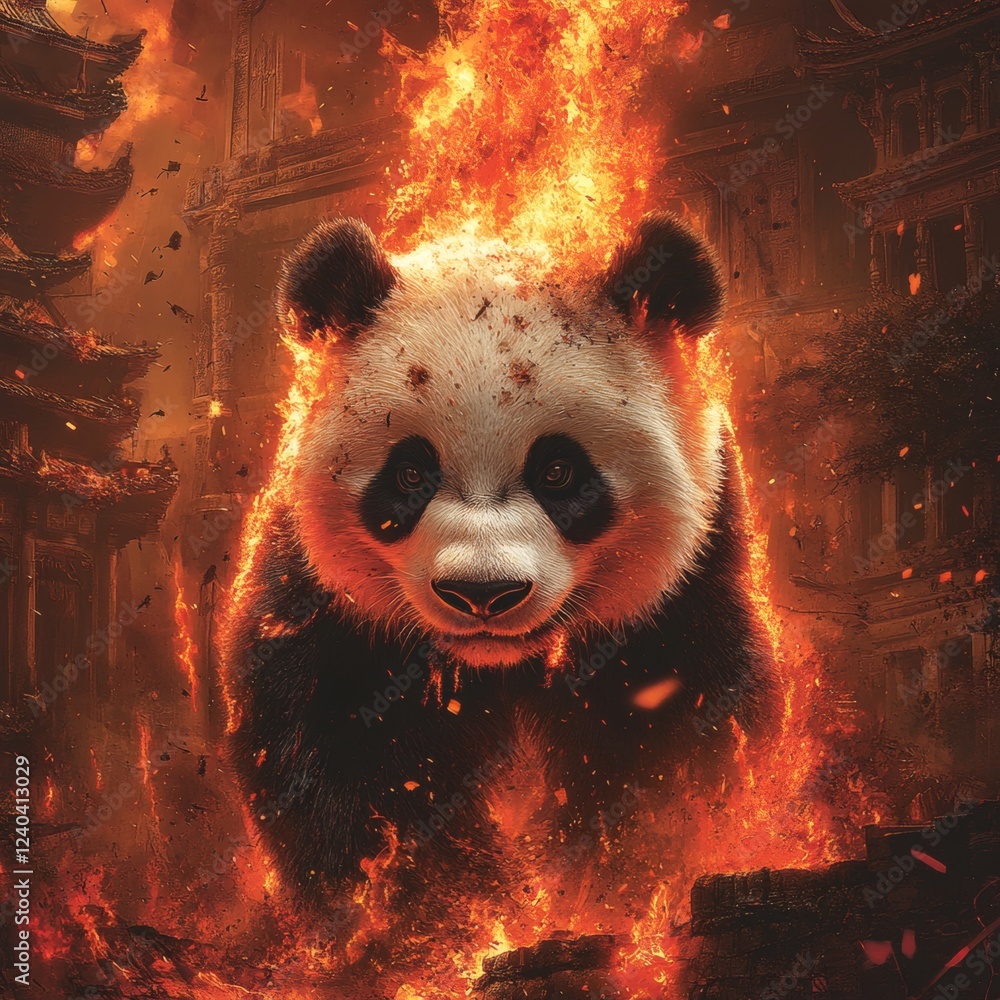 Poster striking image of a panda emerging from dynamic flames embers glowing on its fur its stripe resemble