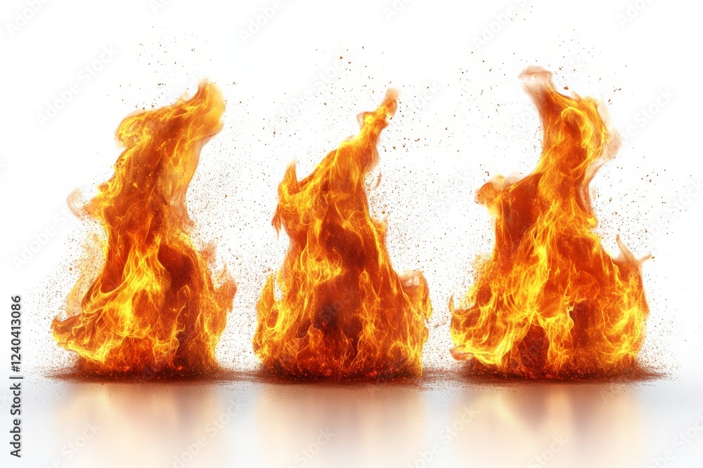 Poster flames of fire dancing in a bright space creating a dramatic visual effect on a white background