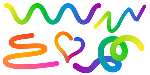 Abstract Color Rainbow Gradient Shapes Set. Vector Graphic with Wavy Lines in Bright Colors. Colorful Fluid Wave Pattern. Squiggly Design Elements.