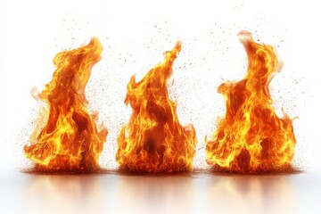 Flames of fire dancing in a bright space creating a dramatic visual effect on a white background