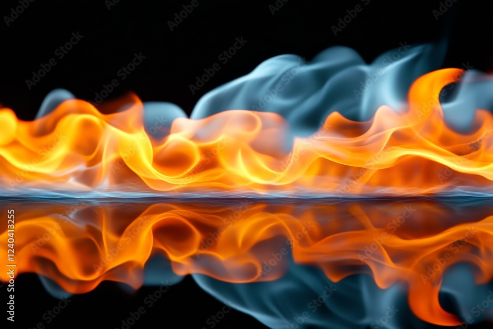 Poster Vibrant flames dance and reflect against a dark background creating a mesmerizing display of light and color