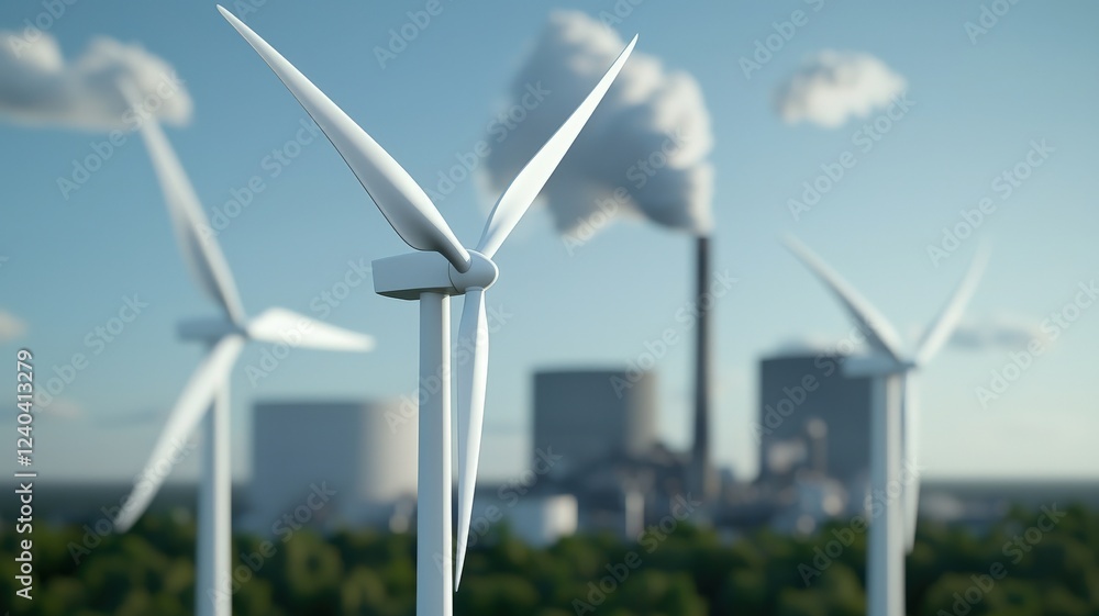 Poster pm 2.5 particles impact concept. wind turbines in the foreground with a power plant in the backgroun