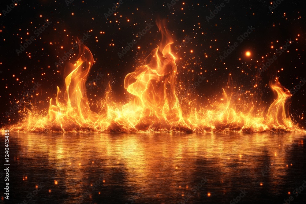 Poster bright flames flickering over a reflective surface create a captivating fire display at night