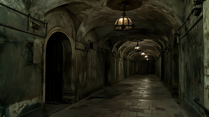 Obraz premium Dark, decaying hallway; arched ceiling, stone floor. Horror, film, game use