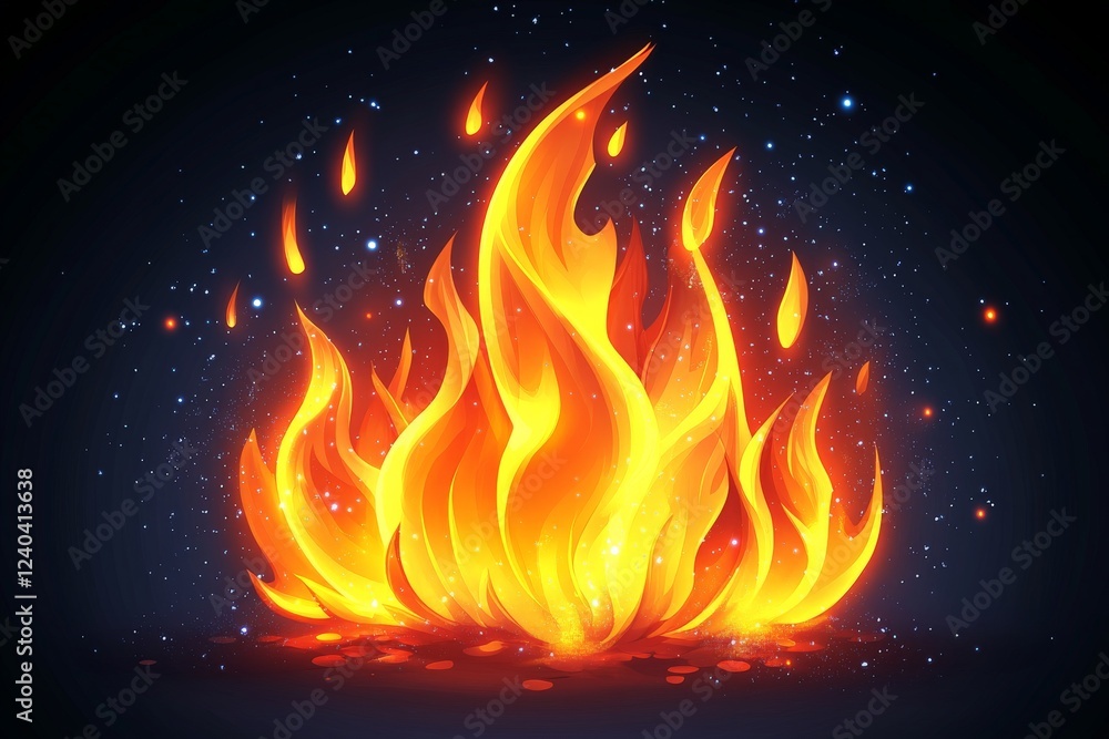 Poster vibrant flames dance in a cosmic setting, creating a mesmerizing visual display of fire against a st