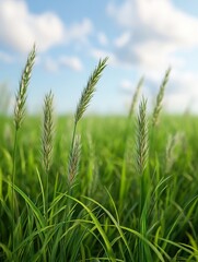 Obraz premium Lush green grasses with delicate seed heads sway gently under a clear blue sky, reflecting a serene natural landscape, Ideal for environmental themes, agriculture, or outdoor products,