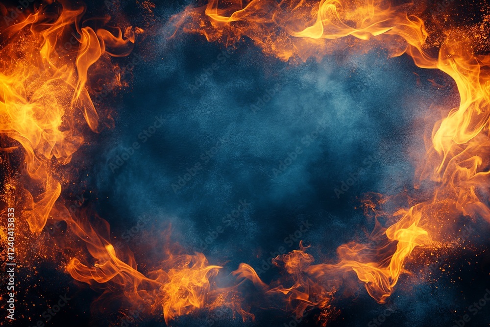 Fototapete bright flames encircle a deep blue backdrop creating a dynamic contrast of colors and movement