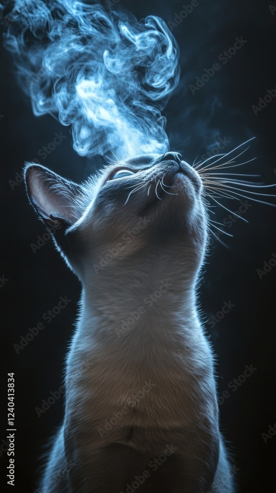 Poster striking image of a siamese cat exhaling swirling smoke with meow subtly appearing within the patter
