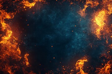 Bright flames create a dramatic contrast against a dark background, creating an intense visual effect of fire and heat in a fantasy style