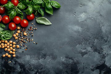 Fresh ingredients for a Mediterranean recipe with chickpeas, basil leaves, vine-ripened tomatoes, and assorted peppercorns on a textured dark slate background