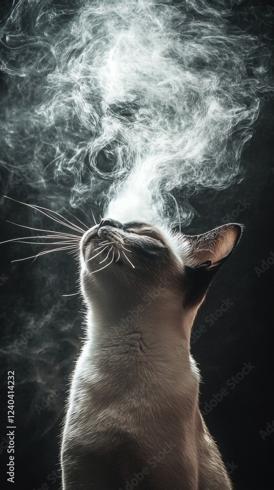 Poster striking image of a siamese cat exhaling swirling smoke with meow subtly appearing within the patter
