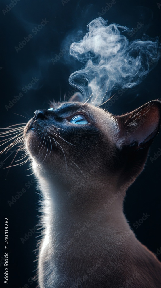 Poster striking image of a siamese cat exhaling swirling smoke with meow subtly appearing within the patter