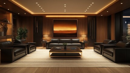 Fototapeta premium A modern, stylish living room with leather sofas, ambient lighting, a large artwork, and a cozy atmosphere.