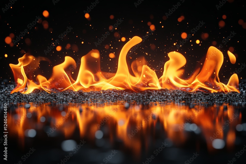 Leinwandbilder Fire dances above a reflective surface creating a mesmerizing display of light and motion in a dark setting