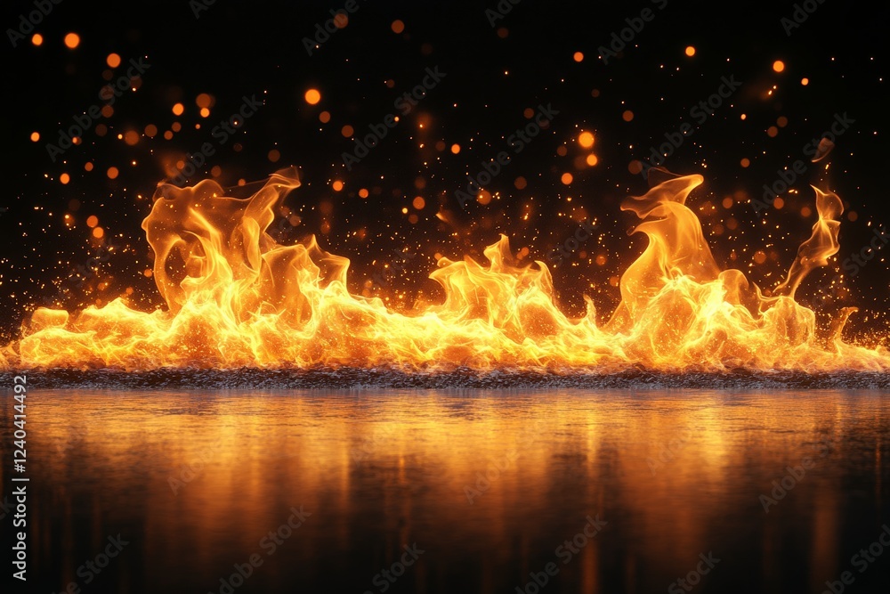 Poster Bright flames rise and reflect on a dark surface during a dynamic fire display in a nighttime setting
