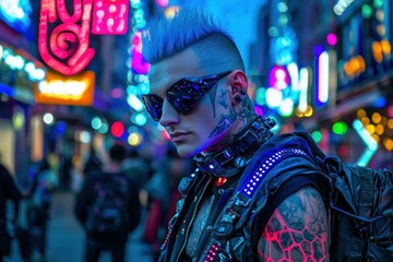 Obraz premium Futuristic Cyberpunk Man with Glowing Tattoos A cyberpunk-inspired man with shaved sides and neon blue hair,