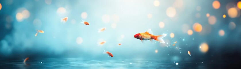 Fototapeta premium A serene underwater scene featuring vibrant goldfish swimming through a shimmering, blurred background, Ideal for wellness, tranquility, or aquatic-themed projects,