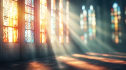 A serene interior featuring colorful stained glass windows casting light and shadows on the floor, creating a tranquil atmosphere perfect for religious themes, spirituality