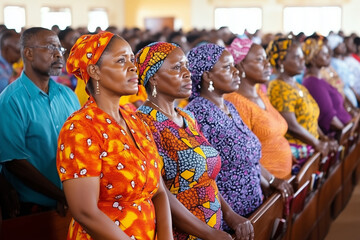 Easter service in a vibrant, non-Western church with a diverse congregation in colorful traditional attire. Natural light filters through stained-glass windows, highlighting expressions of devotion.