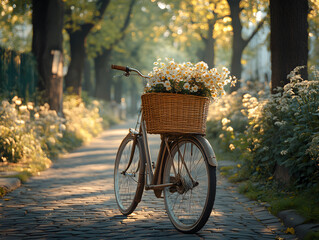 Fototapeta premium Bicycle Resting Against a Tree With a Basket of Flowers in a Sunlit Park