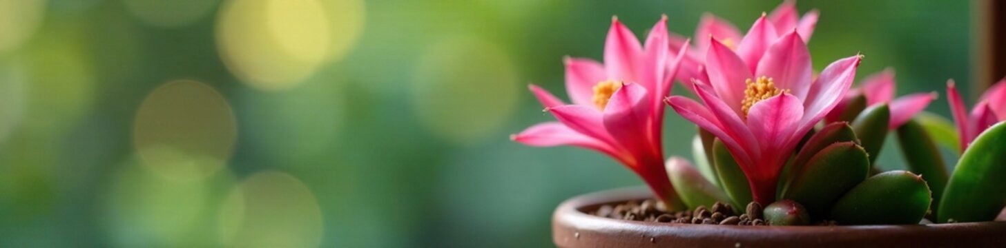 Pink Schlumbergera cactus blooming in a pot on the windowsill, pink flowers, epiphyllum zygocactus
