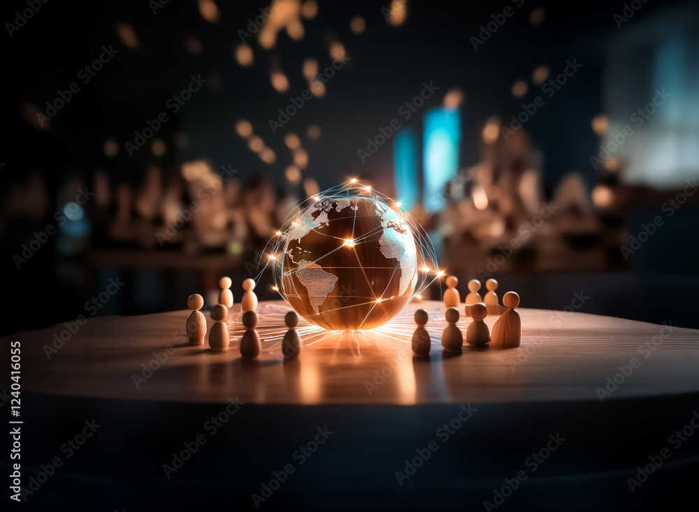 Poster Glowing globe encircled by wooden figures on a dark background, representing global connection and community.  Light beams emanate, symbolizing interconnectedness.