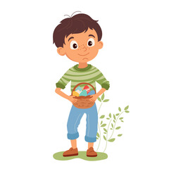 Adorable boy holding basket full of colorful Easter eggs. Joyful Easter egg hunt. Ideal vector illustration for children's character design. Perfect for typography, greeting cards, flyers, invitations
