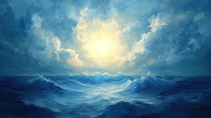 A radiant ocean-inspired oil painting background with shifting, dynamic blues